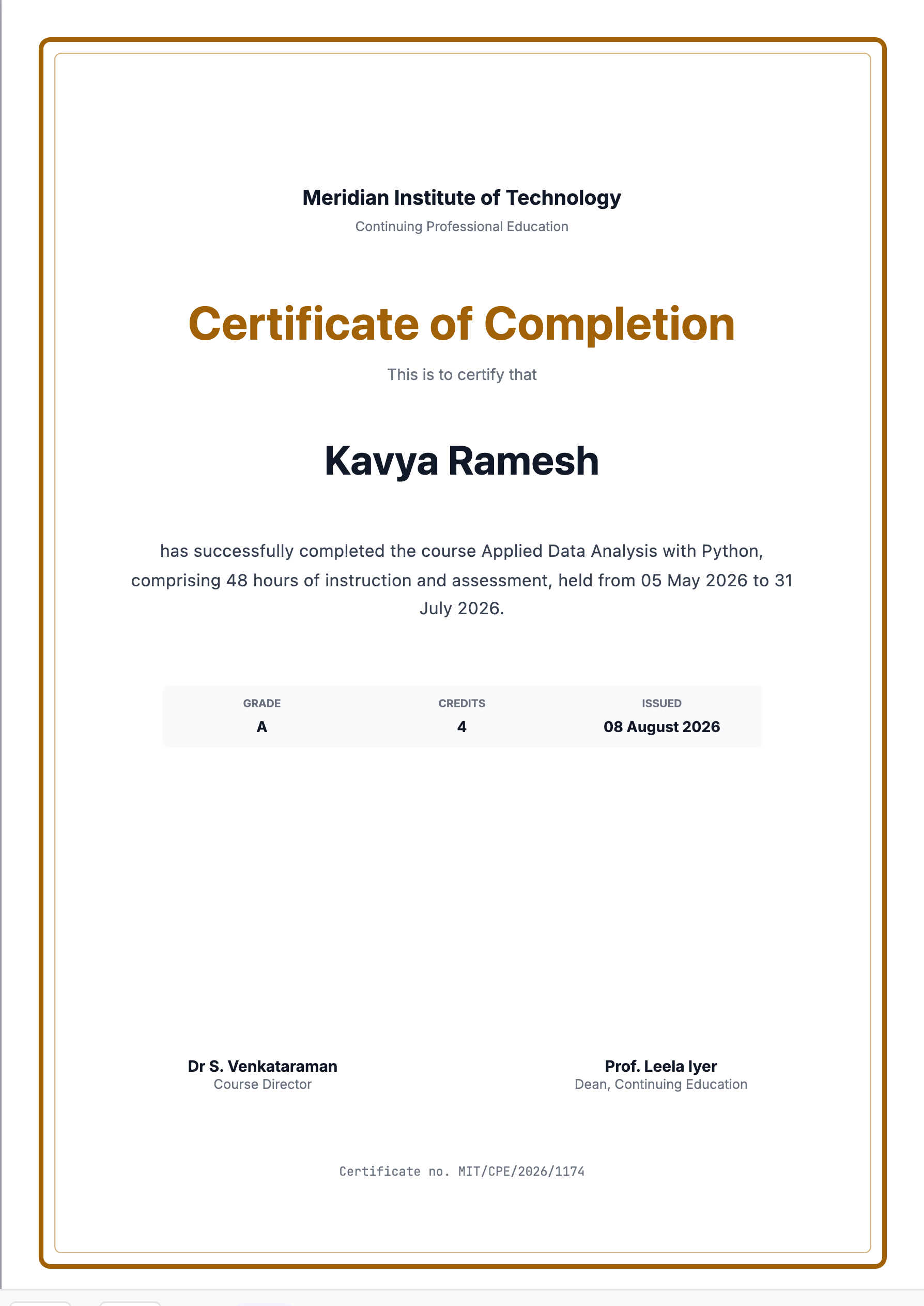 Preview of the course certificate template, filled in with sample data