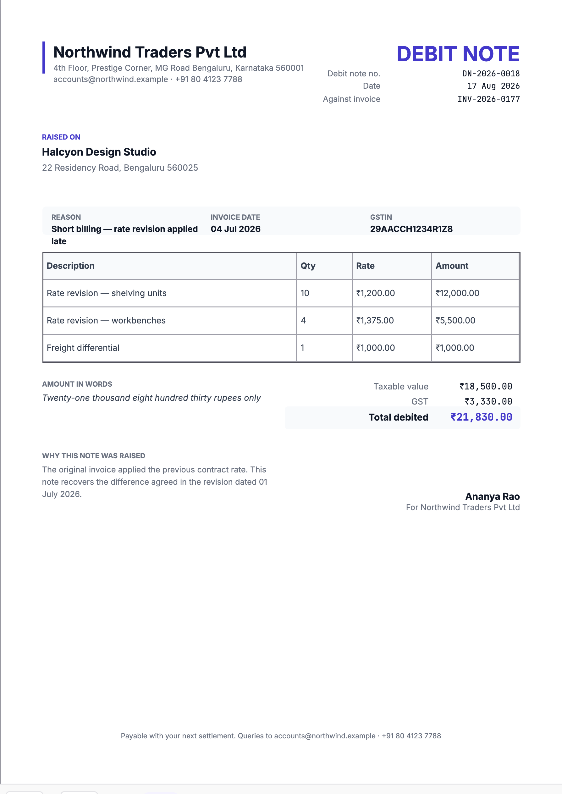 Preview of the debit note template, filled in with sample data