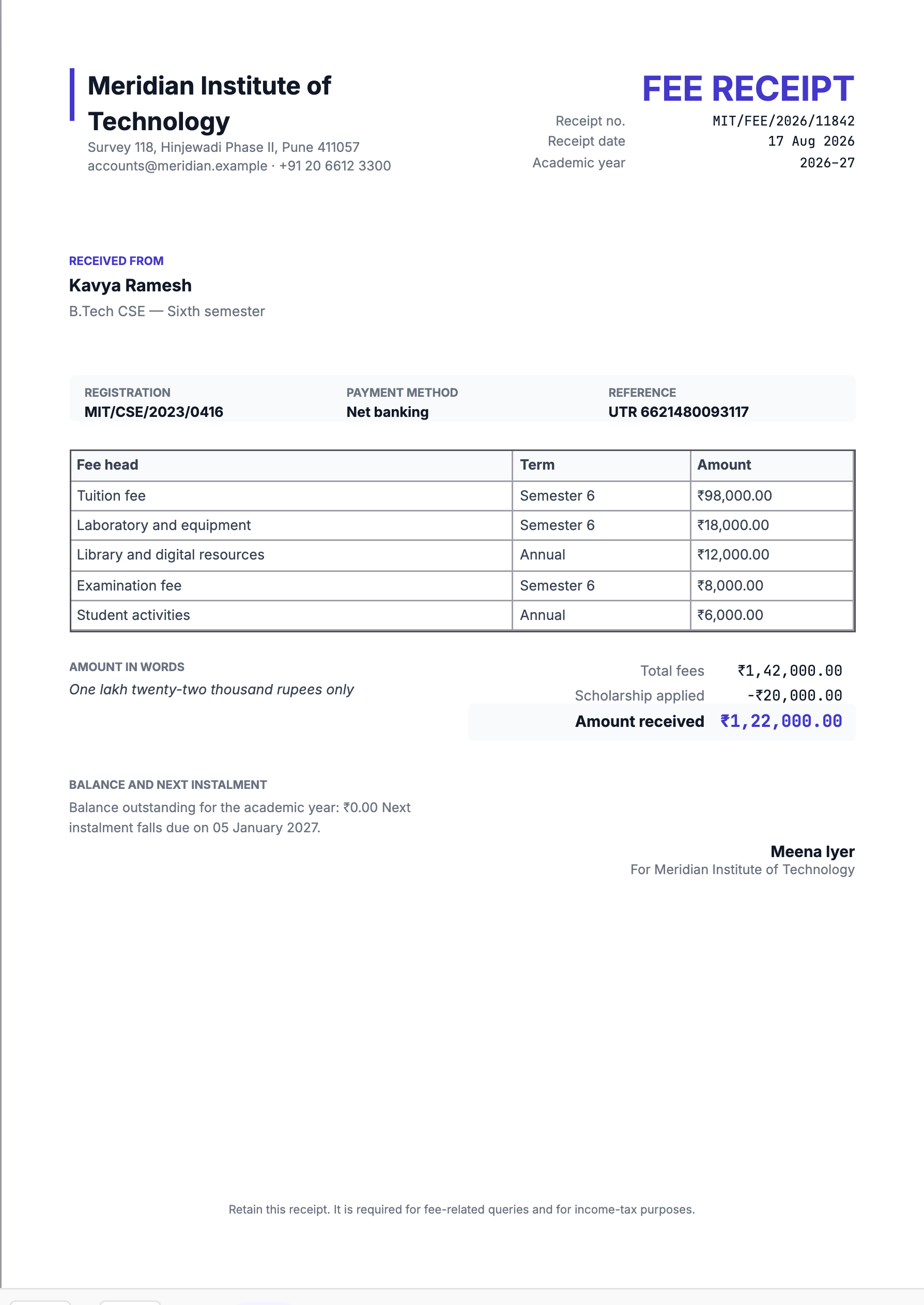 Preview of the fee receipt template, filled in with sample data
