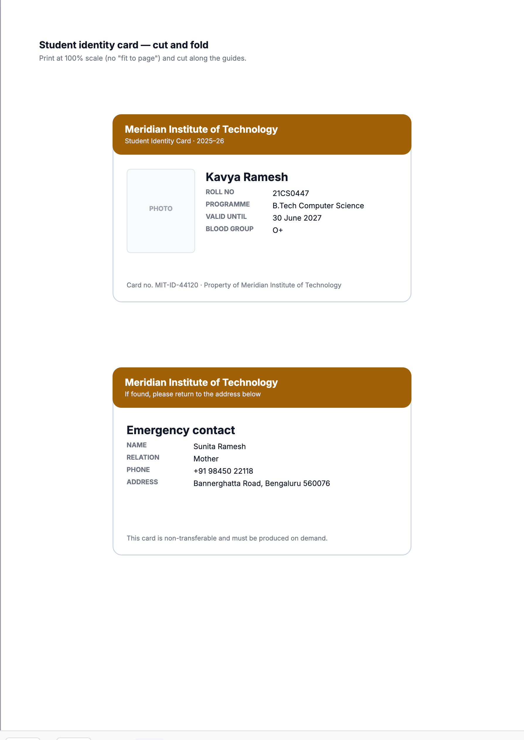 Preview of the id card template, filled in with sample data