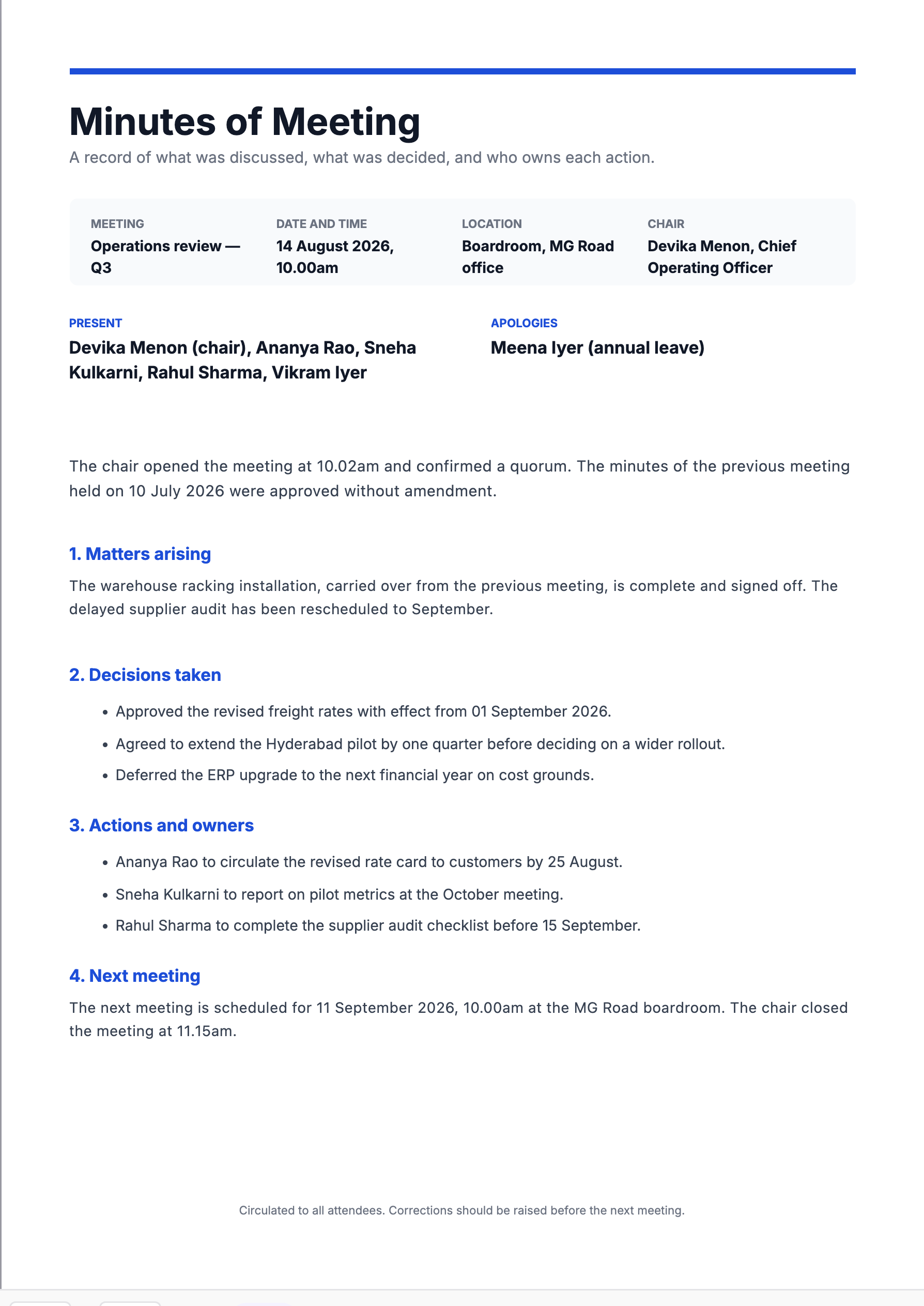 Preview of the meeting minutes template, filled in with sample data