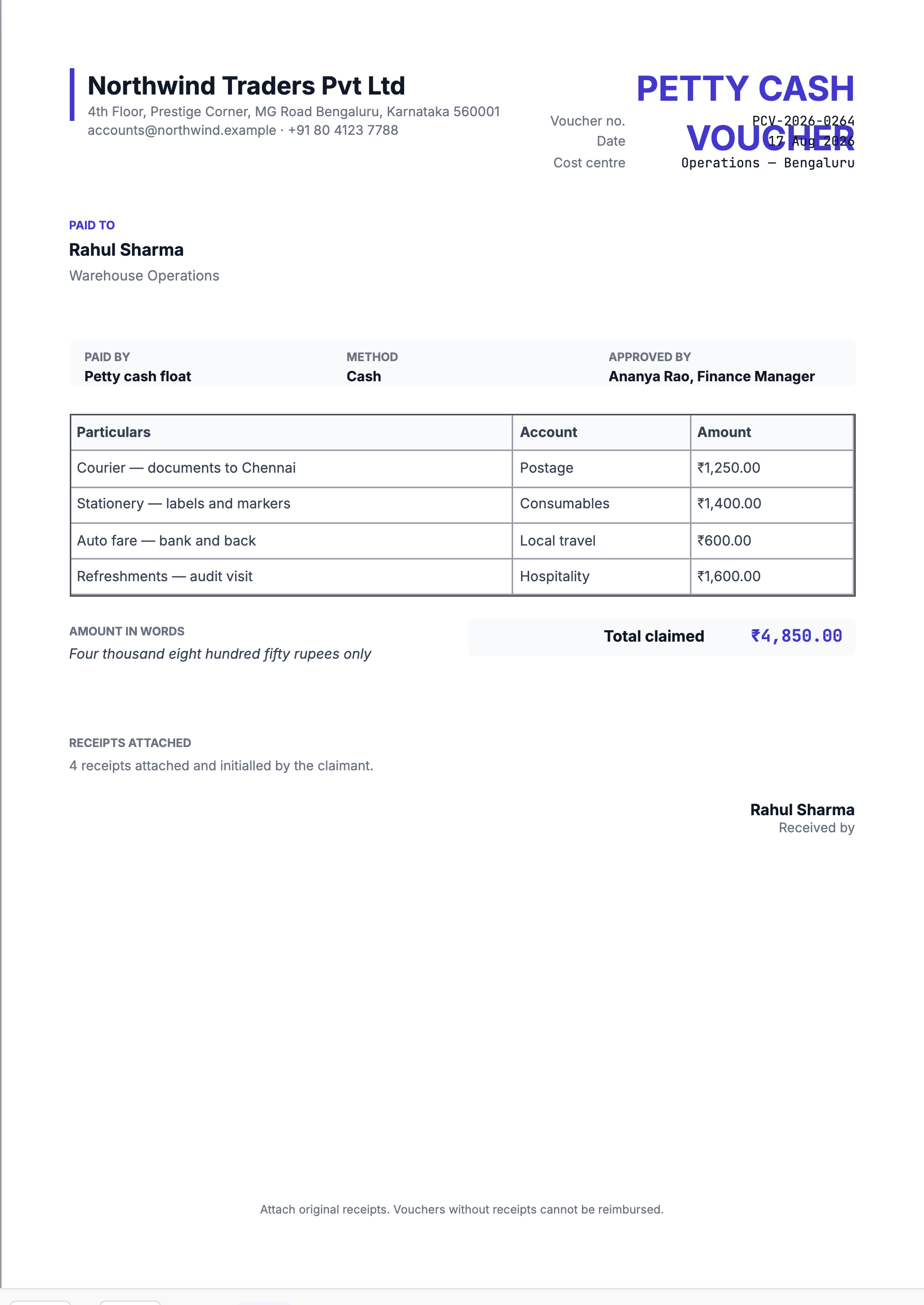 Preview of the petty cash voucher template, filled in with sample data