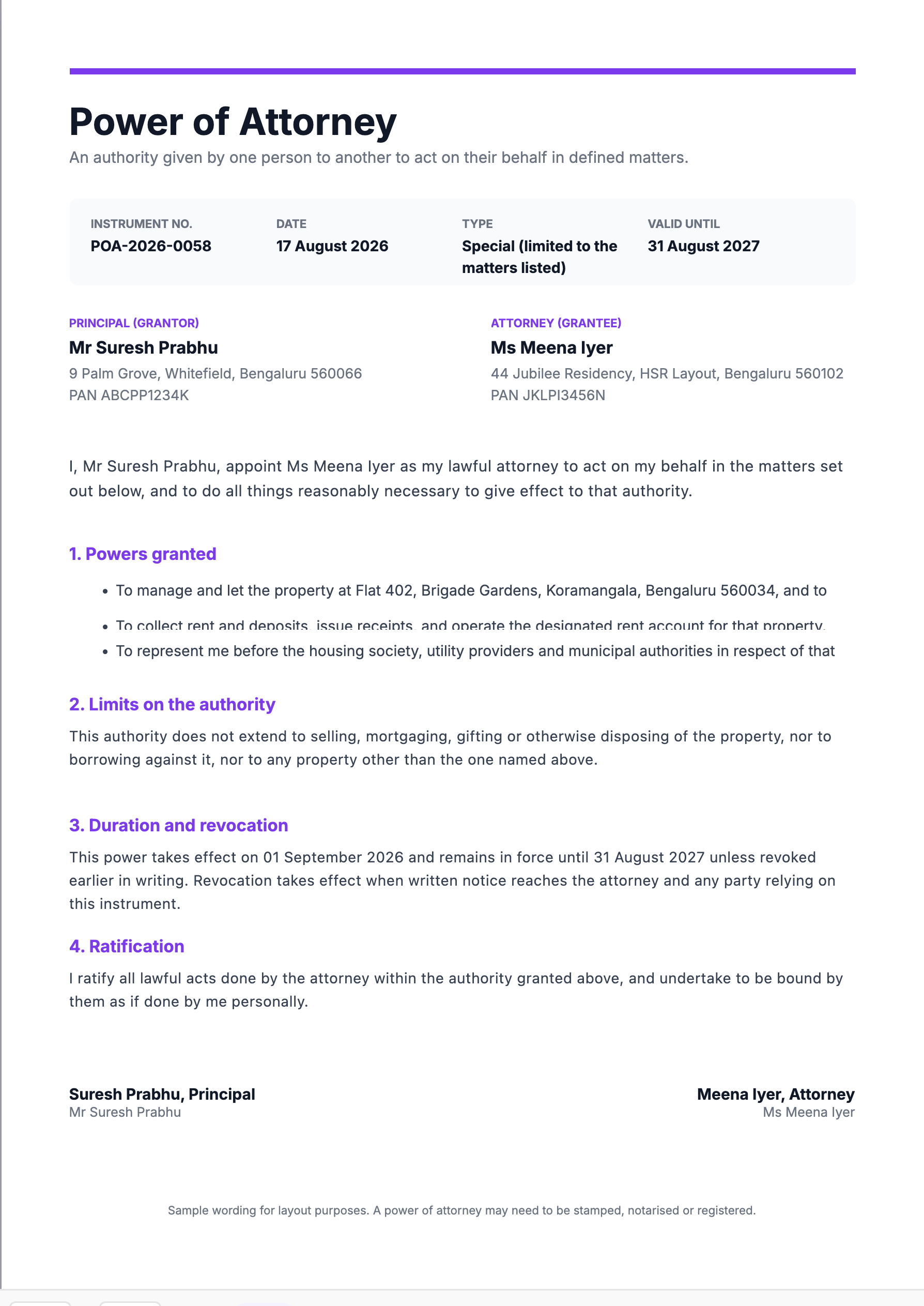 Preview of the power of attorney template, filled in with sample data