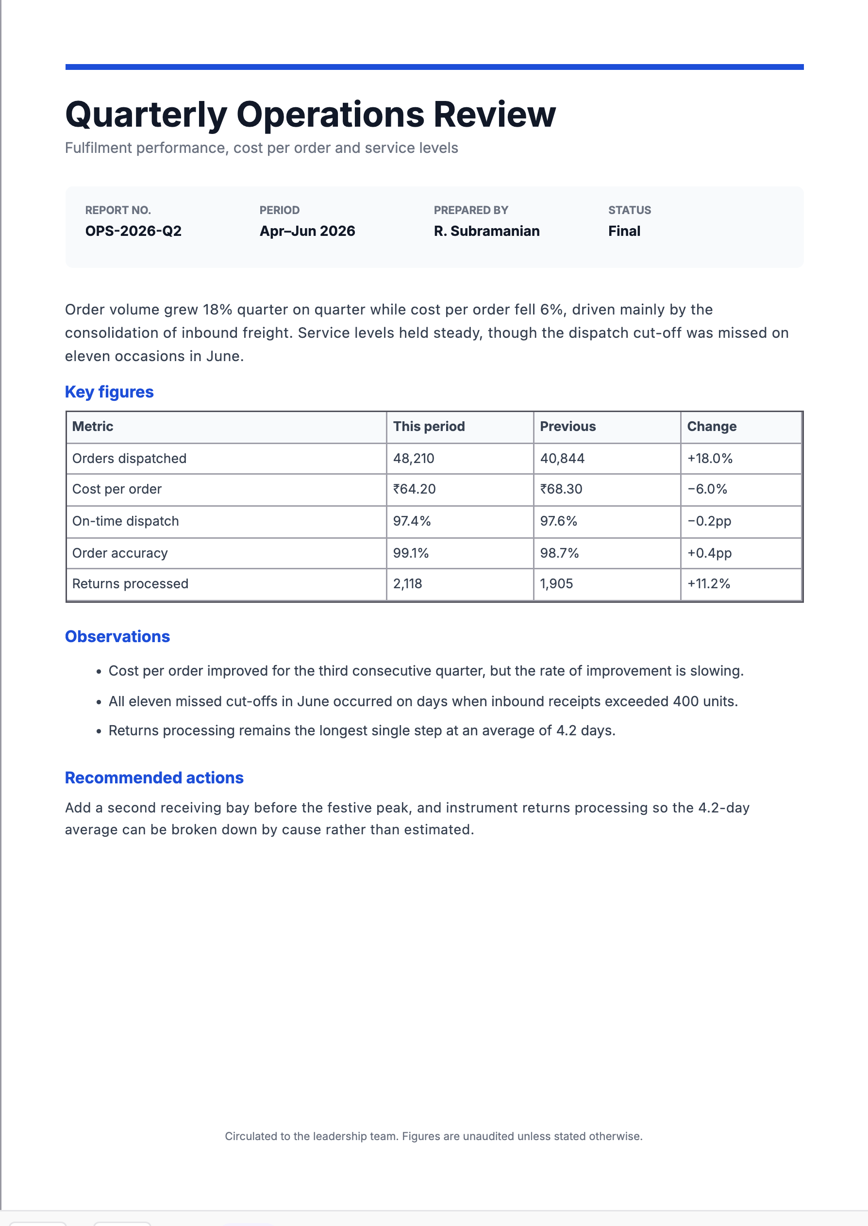 Preview of the report template, filled in with sample data
