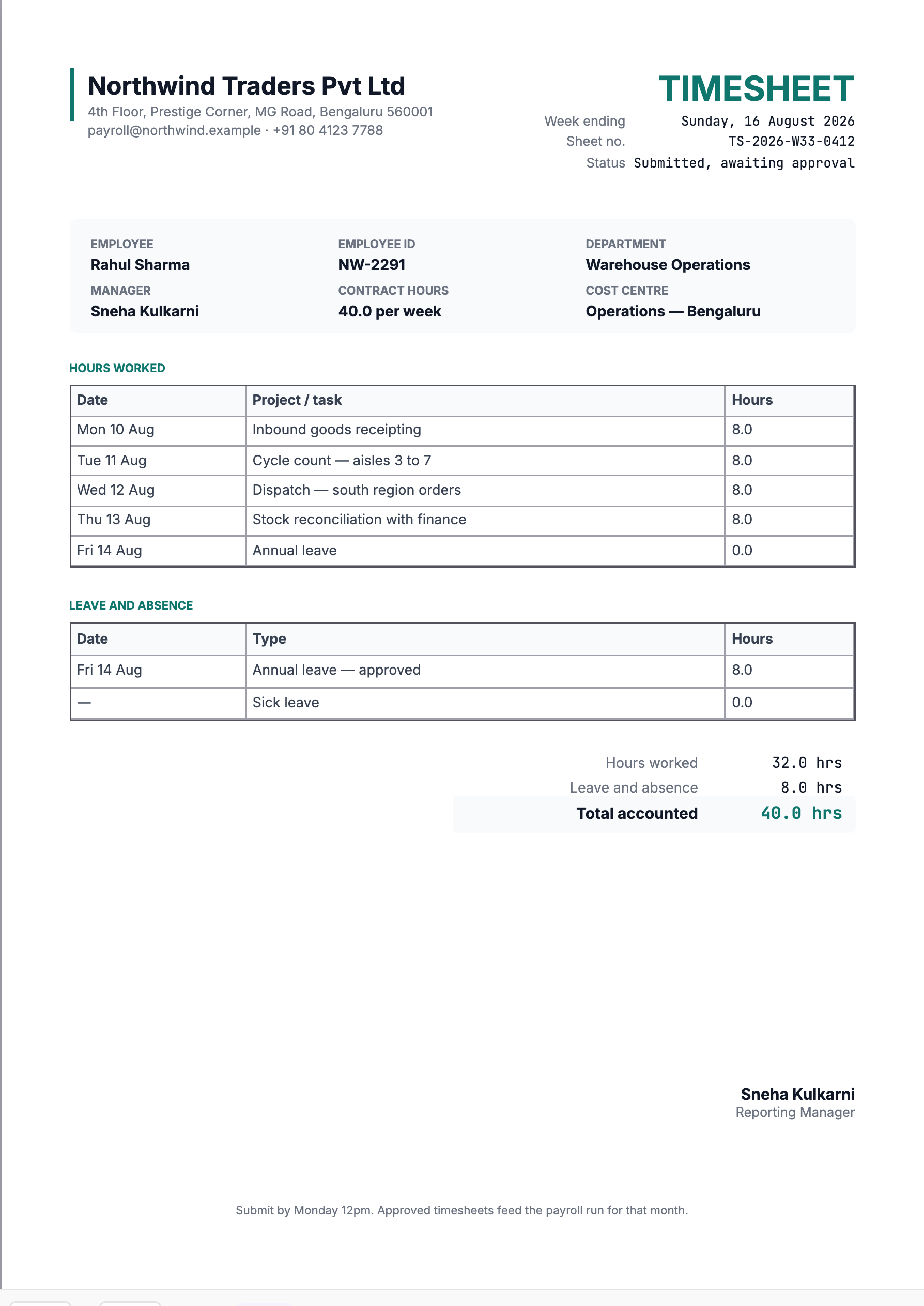 Preview of the timesheet template, filled in with sample data