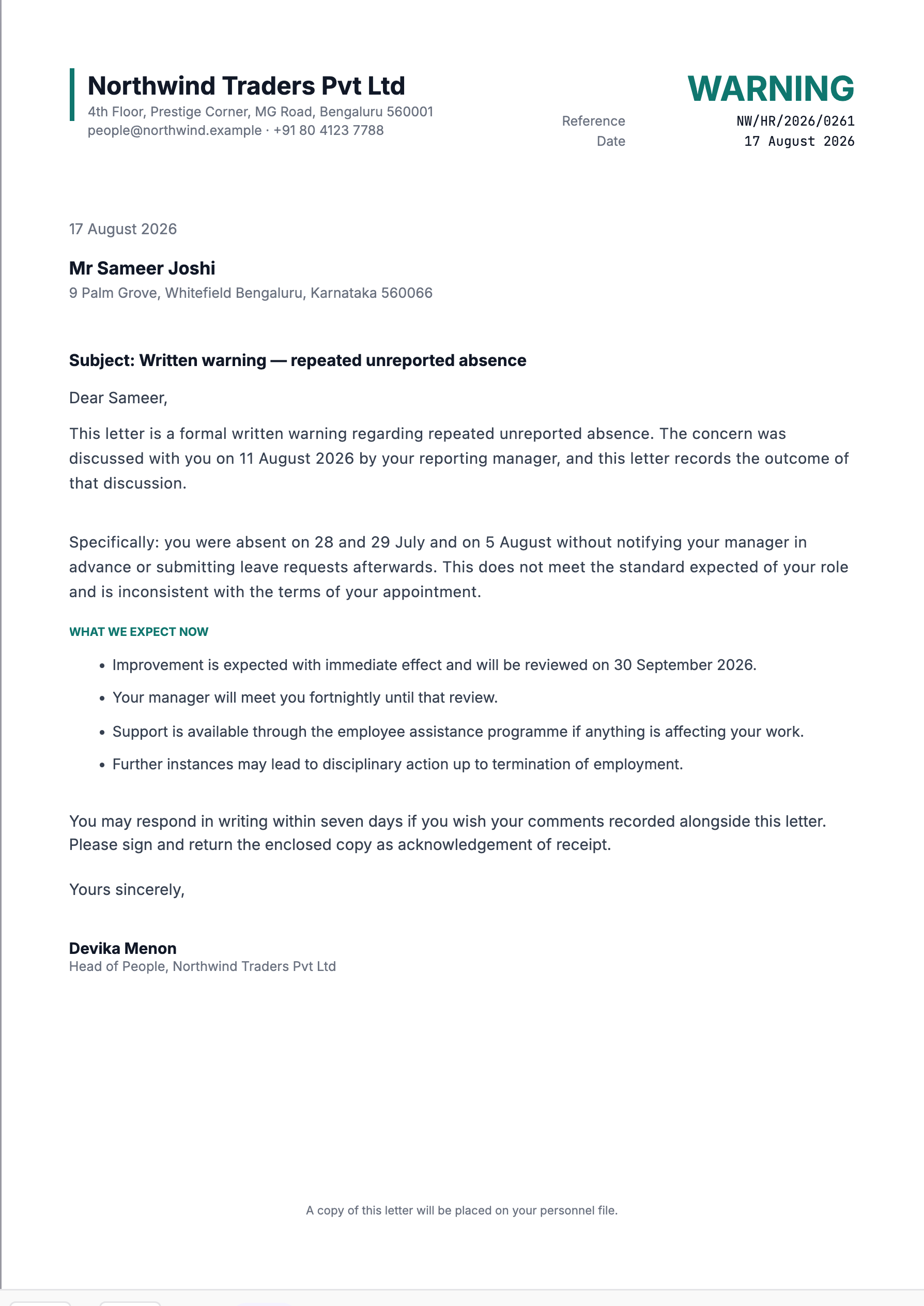Preview of the warning letter template, filled in with sample data